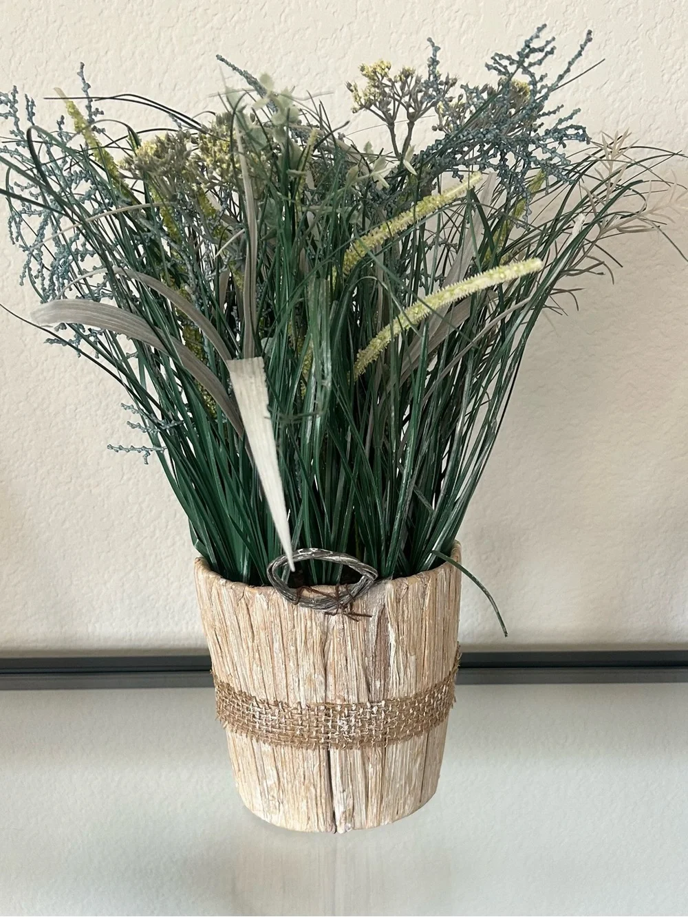 Natural Green Faux Grass Arrangement in Tan Rustic Pot